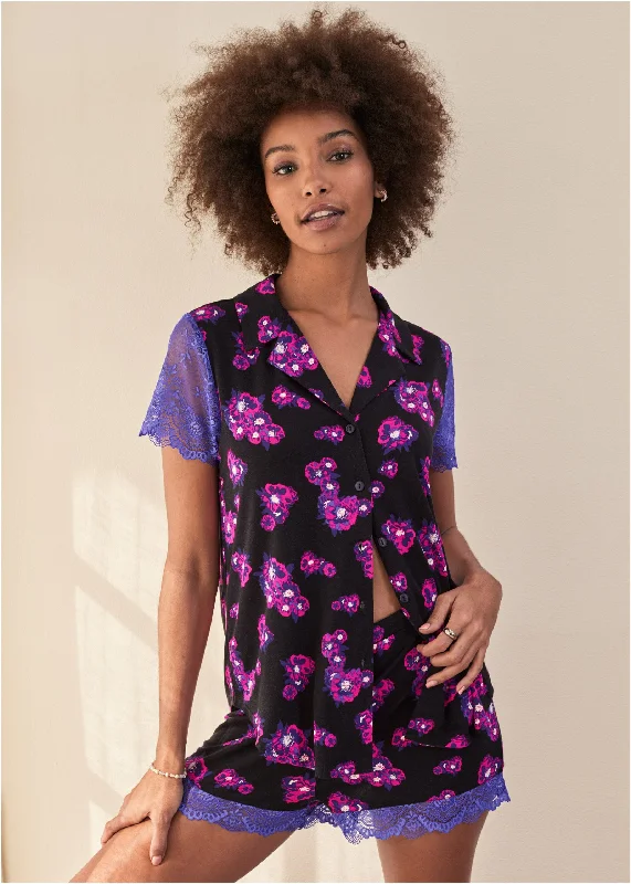 Lace Trim Pajama Set - Purple Bloom Lace Dress Perfect