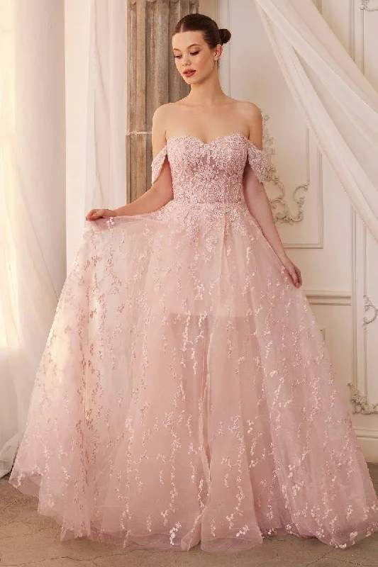 Off Shoulder Sheer Laced Bodice Bouquet Lace A-line Overskirt Long Prom & Gala Dress CDA1207 Lace Skater Dress