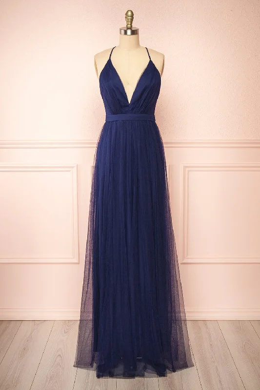 Ilaria Navy | Tulle Gown w/ Plunging Neckline
