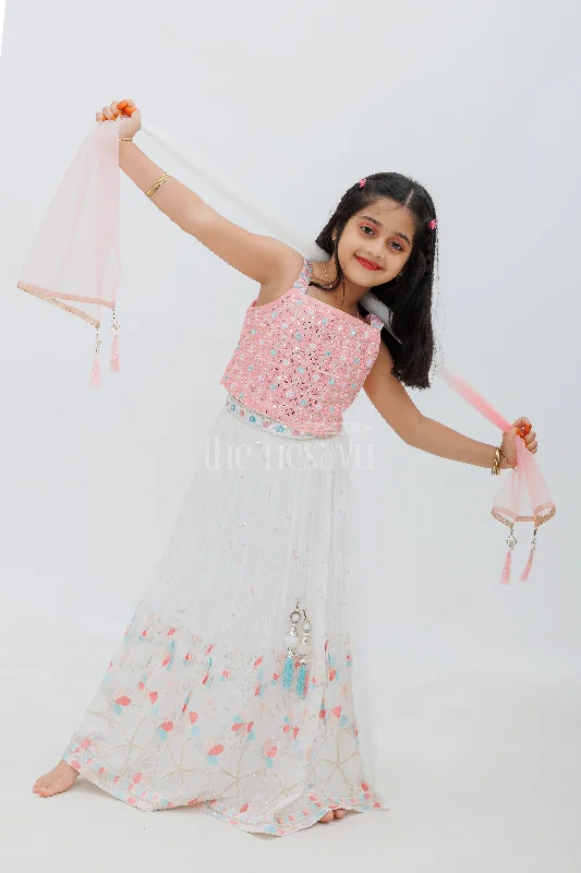 Cream and Pink Georgette Designer Lehenga Choli with Mirror Work and Embroidered Dupatta