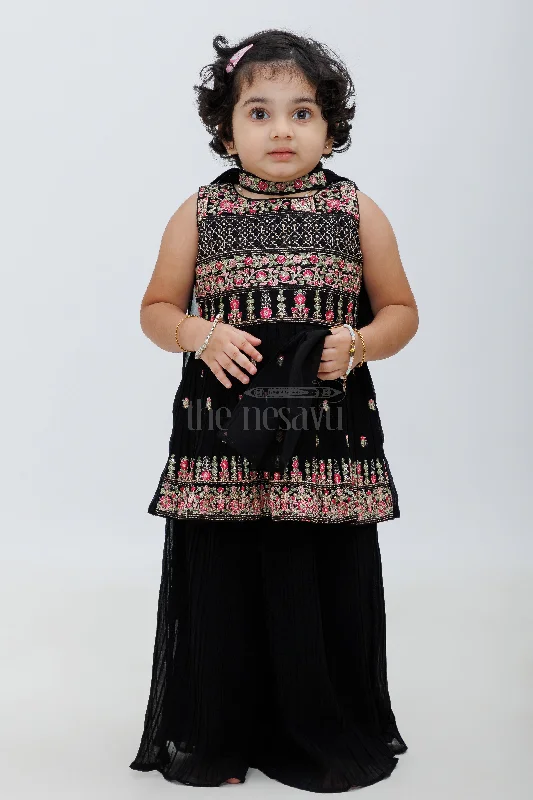 Black Georgette Embroidered Sharara Set for Girls with Peplum Top