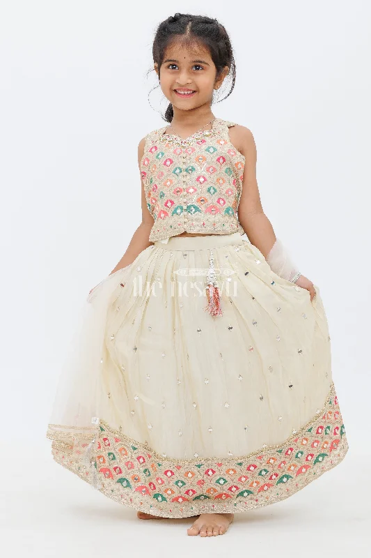 Cream Shimmer Tissue Silk Ghagra Choli with Scalloped Embroidery