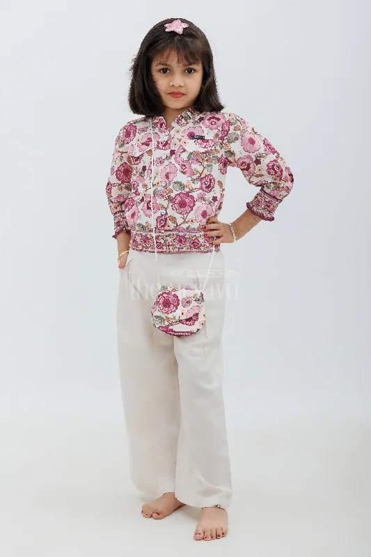 Magenta and Cream Floral Slub Cotton Sharara Set for Girls