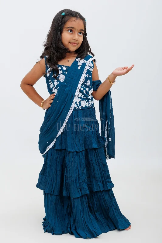 Blue Chinon Silk Designer Lehenga Choli with White Embroidery and Layered Skirt for Girls