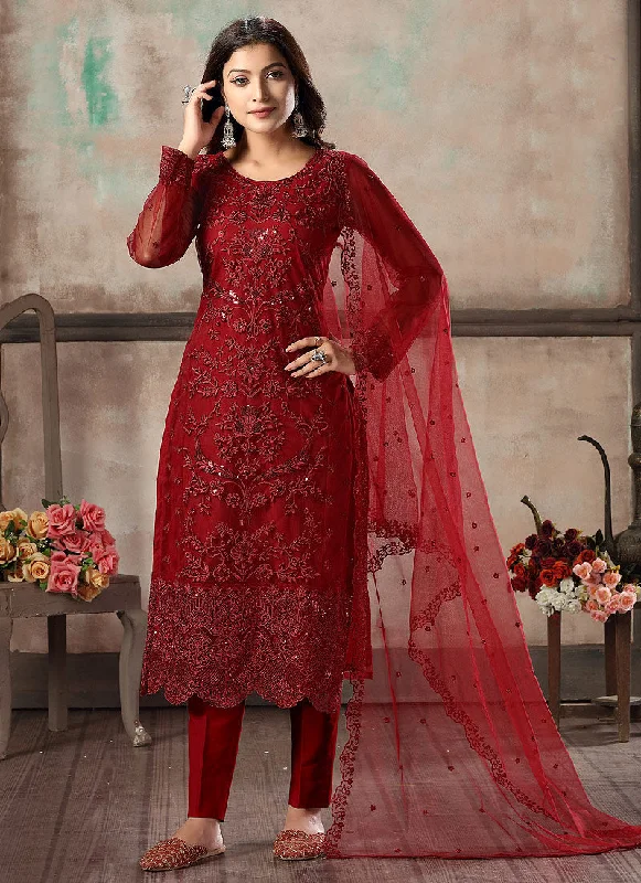Bridal Red Embroidered Pant Style Suit Lace Sleeveless Dress