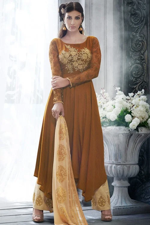 Brown Embroidered Anarkali Pant Suit Strapless Wedding Gown
