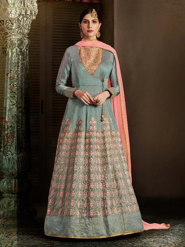 Grey And Pink Embroidered Anarkali Suit Lace Train Dress