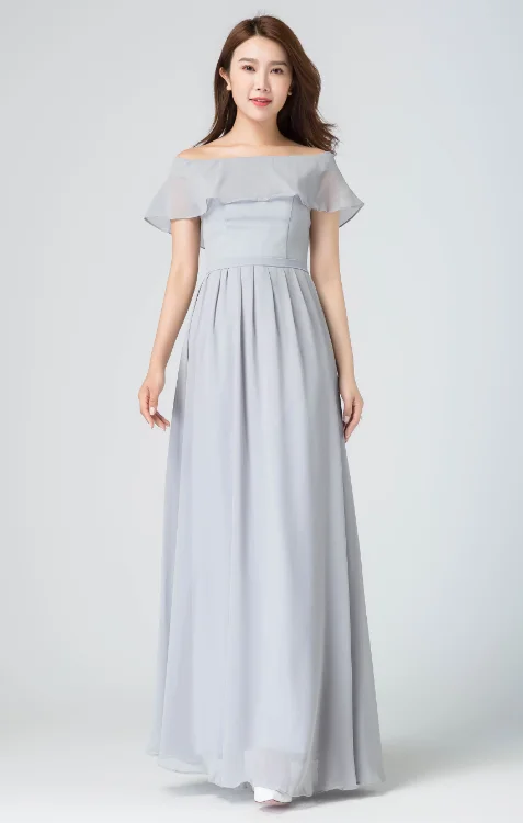 ruffled off shoulder dress, boho wedding dress, romantic dress, long gray chiffon dress 1913 Open Back Dress