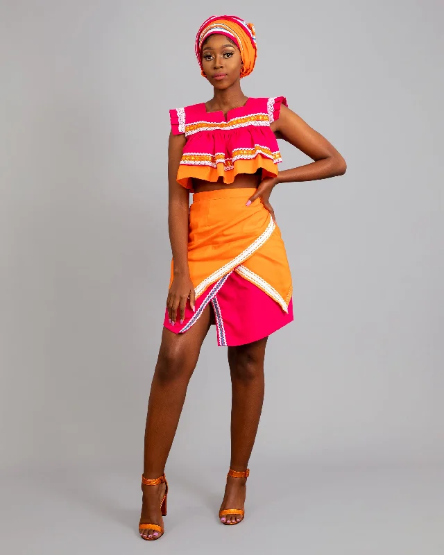 Semabejana and Wrap Skirt Set in Pink and Orange Street style unclassified skirts