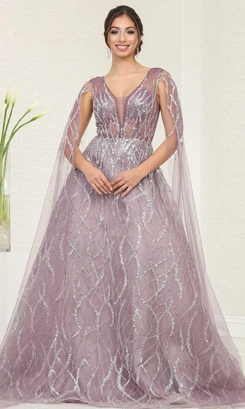 May Queen RQ8082 - Cape Sleeve Beaded Prom Gown Winter party dresses