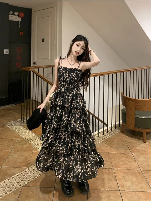 Y2k Korean Style One Piece Black Floral Dress Women Vintage Elegant One Piece High Waist Long Slip Fairy Dresses Summer Fashion-forward floral dresses
