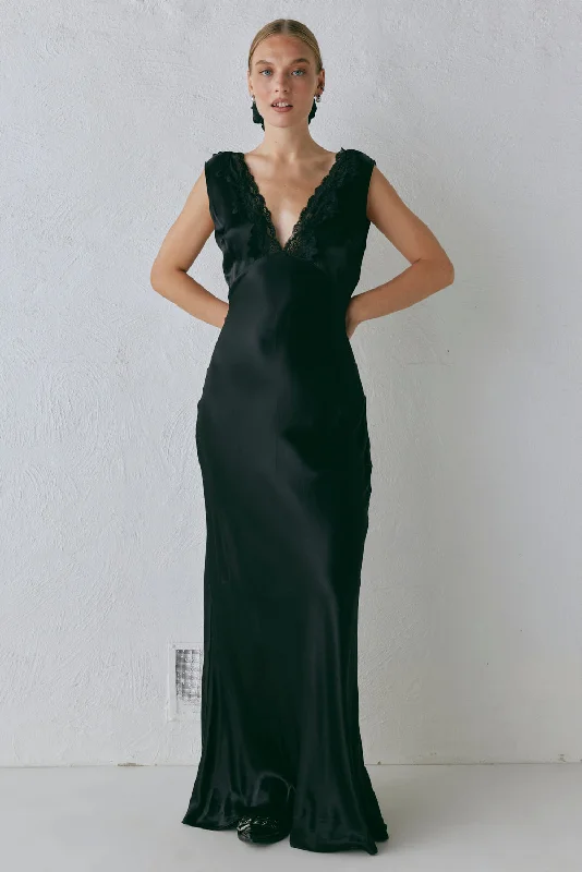 Tully Satin Maxi Dress Black Printed Long Skirt