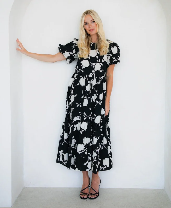 Mono Floral Cotton Puff Sleeve Midi Dress Soft Midi Skirt